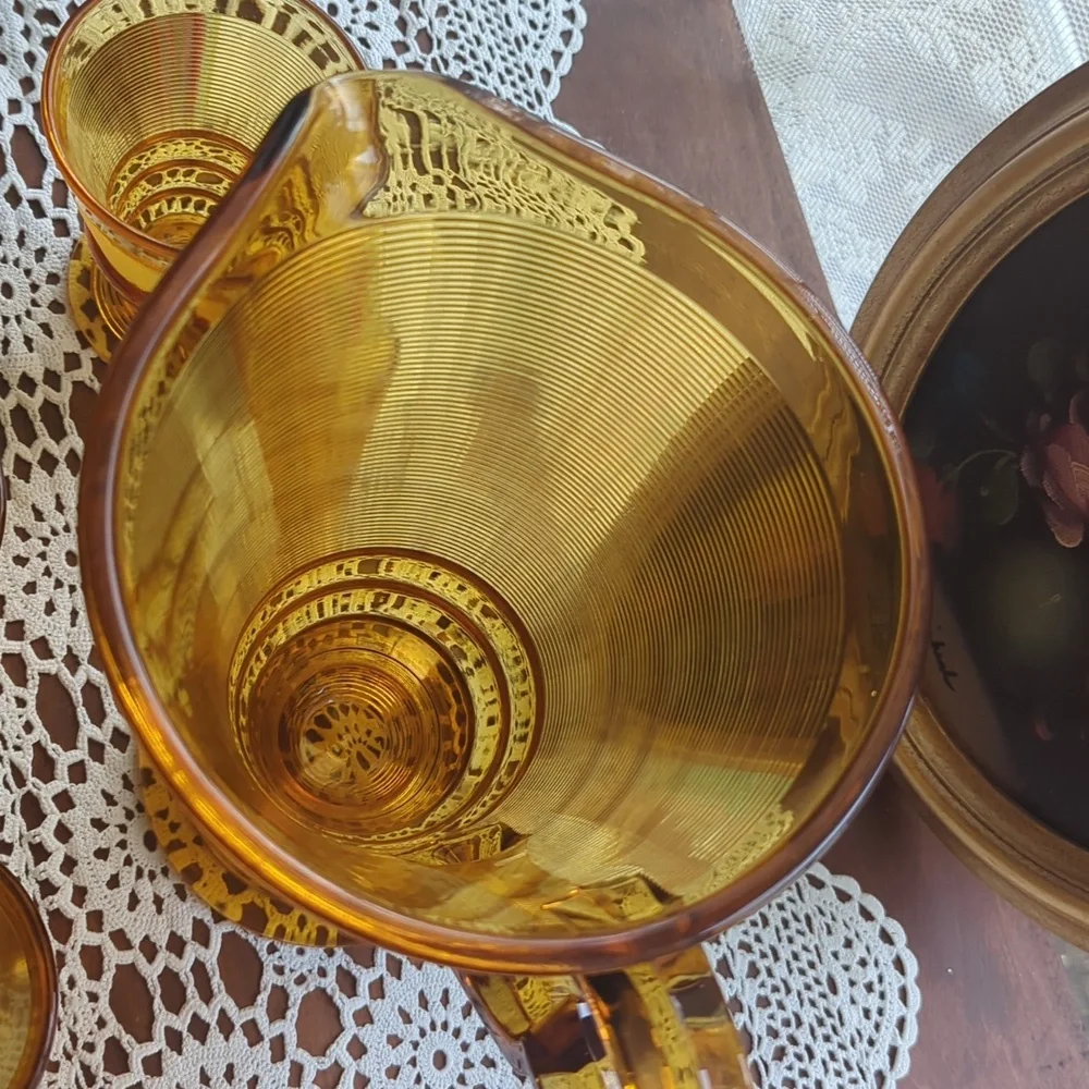 Indiana Depression Glass Old English Threading Amber Pitcher with 4 Glasses